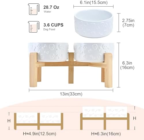 SPUNKYJUNKY Elevated Dog Bowls Ceramic, 6.1'' Dogs and Cat Food Water Bowls Raised with Non-Slip Bamboo Stand for Medium Sized Breed Microwave Dishwasher Safe - 28.7 OZ,Skull White - Image 2