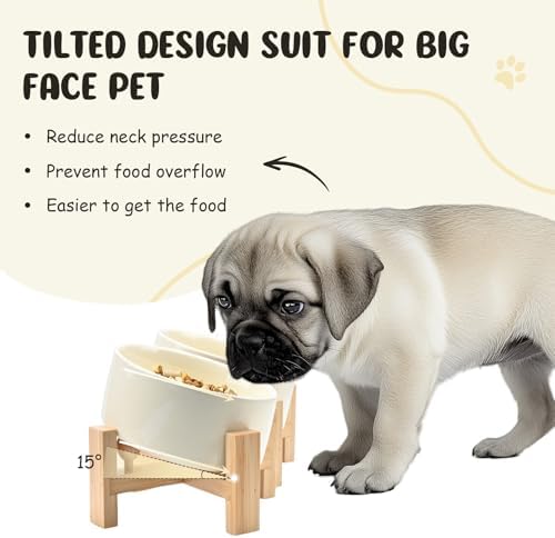SPUNKYJUNKY 15° Slanted Ceramic Dog and Cat Bowl with Wooden Stand, Tilted Bulldog Food and Water Bowl No Slip Non-Spill for Cats Medium Dogs Big Face Pets 28.7 OZ (3.6 Cups, Beige × 2) - Image 2