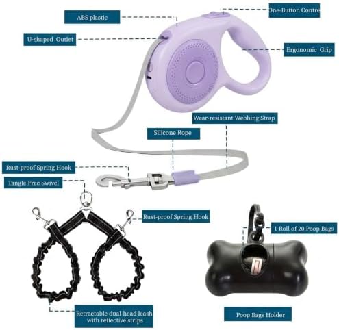 Small Breed Dual Retractable Dog Leash (Up to 77 Lbs Each) One-Button Break and Lock, Non-Slip Grip, Double-Headed, 16-Foot Extendable Pet Leash with Poop Bags, and 360° Tangle-Free (Purple, Medium) - Image 2
