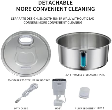 Wireless Cat Water Fountain Stainless Steel, Battery Operated, Cordless Pet Water Fountain for Cats & Dogs with Motion Sensor, Ultra Quiet Pump, 12 Filters (SS, 8L) - Image 2