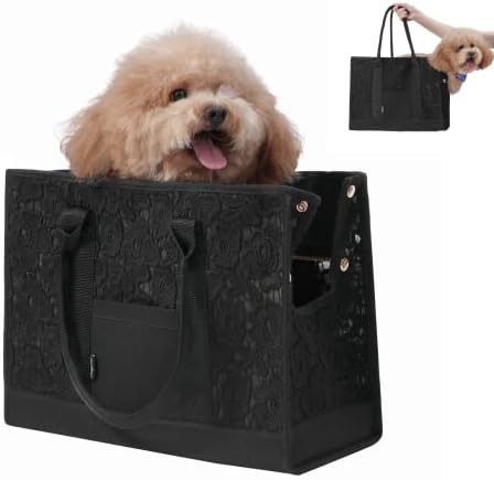 Black Dog Carrier Purse Lace Pet Dog Cat Carrier Tote Bags Fits Small Medium Dogs Puppy for Travel Hiking Walking with Lace Anti-Grab Net & PP Pad - Image 2