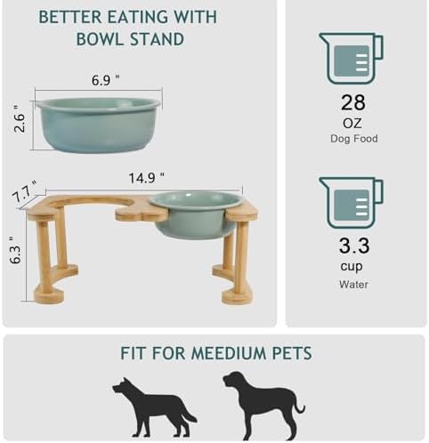 Raised Ceramic Dog Bowl, Elevated Food and Water Feeding Set, Light Green - Image 2