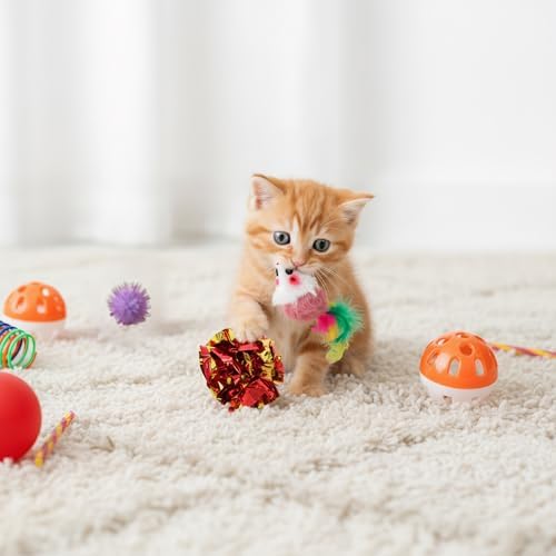 Nicunom 100 Pcs Cat Toys for Indoor Cats and Kittens - Spring, Fur Mice, Crinkle Ball, Sparkle Pom Pom Ball, Bell, Catnip Rope, Variety Cat Interactive Toy Set - Image 7