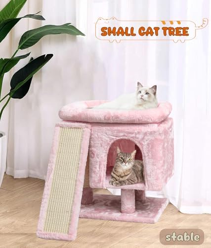 SYANDLVY Small Pink Cat Tree with Perch for Indoor Cats, Cat Tower with Scratching Post, Modern Activity House for Large Cats, Condo with Board, Kittens Cave - Image 2