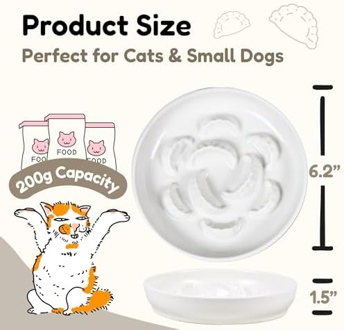 Ceramic Cat Slow Feeder Bowl - 6.2'' Whisker Friendly Cat Plate for Dry and Wet Food -Heavy Puzzle Feeding Bowl for Slow Eating - Helps Reduce Vomiting - Microwave & Dishwasher Safe -Non Slip - White - Image 2