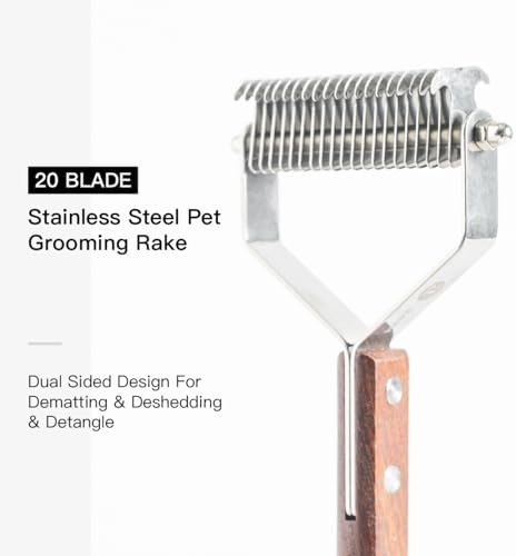 Pet Dematting Rake with 2 Sided Professional Pet Grooming Rake for Dogs and Cats 20-Blades Deshedding Detangle Thinning Undercoat Comb and Face Comb Kit with Wooden Handle - Image 2