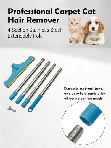 Premium Stainless Steel Pet Hair Removal Carpet Rake | Reusable Adjustable Pet Fur De-Shedding Tool for Carpets, Rugs, Upholstery & Auto Mats | Long Extendable Handle, Heavy-Duty Construction (Blue) - Image 7