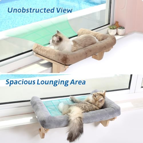 Zakkart Cat Perch for Windowsill with Bolsters (Natural Wood/Gray, XL) - Image 2