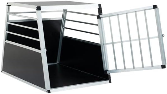 Aluminum Dog & Cat Travel Transport Box – Black & Silver, Portable Pet Carrier Crate with Ventilation, Lockable Door, Durable, Easy to Clean, Space-Saving Trapezoid Design