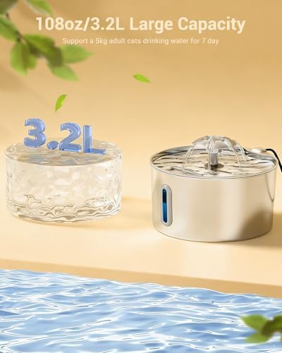 Cat Water Fountain Stainless Steel - 108oz/3.2L Automatic Large Pet Watering Bowl Dispenser for Indoor Cats - Drinking Fountains with 3 Filter for Dogs and Kitty - Outdoor Dog Waterer Bowls No Spill - Image 2
