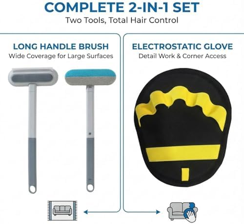 Pet Hair Remover Set, 3-in-1 Pet Hair Remover Brush with Built-in Detail Brush & Long Handle, Magic Pet Hair Removal Glove, Multi-Surface Pet Hair Remover for Home & Car & Furniture - Image 2