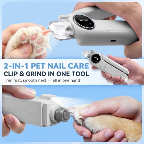 2-in-1 Quiet Electric Pet Nail Clipper & Grinder with Light for Dogs Cats (Gray) - Image 2