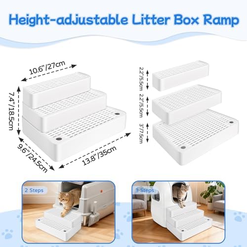 Extra Large 3 Steps Litter Box Ramp, Adjustable Cat Litter Box Step with Filter Function, Easy to Clean Cat Litter Stair Catcher for Elderly Cats and Kitten (White) - Image 2
