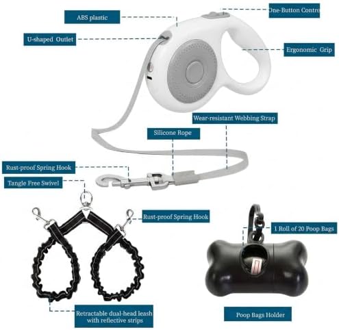 Dual Retractable Dog Leash for 2 Large Dogs (Up to 110 Lbs Each), One-button Break and Lock, Non-slip Grip, Double-headed, 16 FT Extendable Pet Leash with Poop Bags, and 360° Tangle-free (Gray, Large) - Image 2