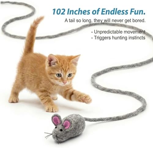 Glaciart One Felt Mouse Cat Toy – Soft Fuzzy Enrichment 100% Natural Wool - Interactive Catnip Play Cat Toy Set - Safe for Pets, Non-AZO Colored Dyes - 100” Long - Image 2