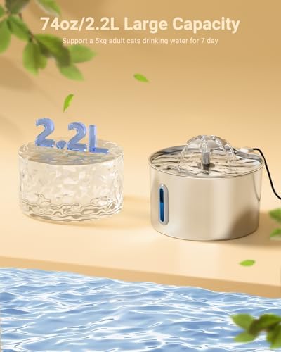 Cat Water Fountain Stainless Steel - 74oz/2.2L Automatic Large Pet Watering Bowl Dispenser for Indoor Cats - Drinking Fountains with 6 Filter, Gifts for Dogs and Kitty - Dog Waterer Bowls No Spill - Image 2