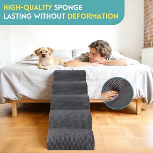 Dog Stairs for Small Dogs, 22.8" H Pet Stairs 5-Steps Ramp for Puppy, Older Cat, Stairs with Whole 30D High Density Foam, Corduroy Fabric, Non-Slip Bottom Dog Steps for Bed and Couch (Grey, 5-Step) - Image 7