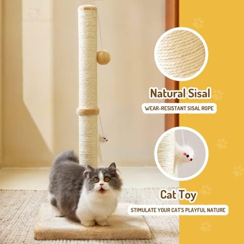MeowHomm 32” Tall Cat Scratching Posts for Indoor Cats Adults with 2 Hanging Ball, Large Cat Scratch Post Cat Scratcher Includes Sisal Rope(Yellow) - Image 2