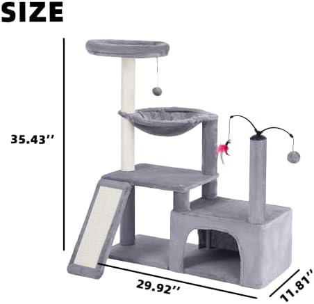 YUNIQUE Multi-Functional Cat Tree Tower, Big Cat Condo with Scratching Board, Rotating Toy & Deep Hammock, Luxury Perch Kitty Furniture for Indoor Cats (Grey) - Image 2