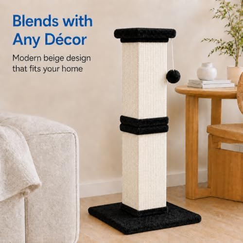 Vertical Cat Scratching Post for Indoor Cats, Sisal Scratch Tower with Soft Plush Base & Dangling Pom Ball, 32'' Tall Cat Scratcher Column, Furniture Protection, Black and White - Image 7