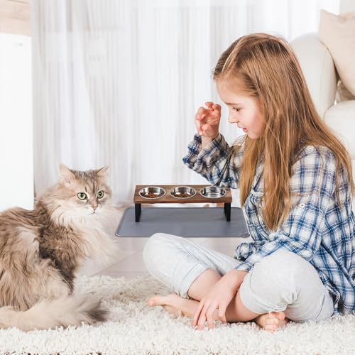 Summark Upgraded Elevated Cat Bowls with Food Mat,15°Tilted Stand Anti Vomiting Raised Cat Dishes for Food and Water,3 Stainless Steel Bowls for Cats and Puppy(Rustic Brown) - Image 7