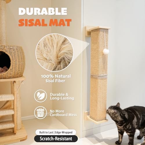 PETKARAY Wall Mounted Cat Scratcher, 30" Large Sisal Cat Scratcher for Wall, Square Sisal Cat Scratching Post with Toy Ball - Image 2