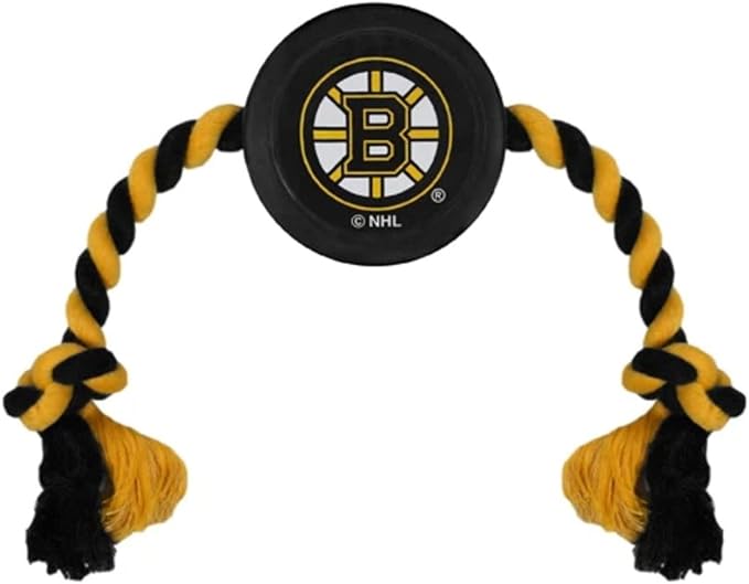 Pets First NHL Boston Bruins Hockey Puck Toy for Dogs & Cats, Heavy-Duty Rope Tug for Playtime. Cool Rubber Dog Puck Toy!