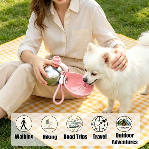 2 in 1 Portable Dog Water Bottle with Foldable Bowl 10oz Pink - Image 2