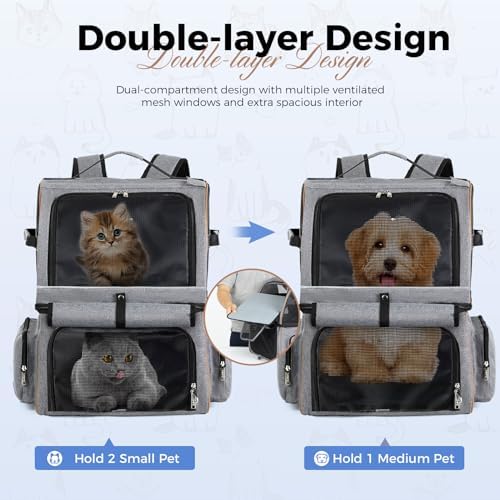 Double Cat Backpack Carrier for 2 Cats, Double-Compartment Pet Carrier Backpack for Two Small Cat or One Medium Cat, Cats Carrier Backpack Dog Carrier Backpack Fits Up to 24 Lbs,Grey - Image 2