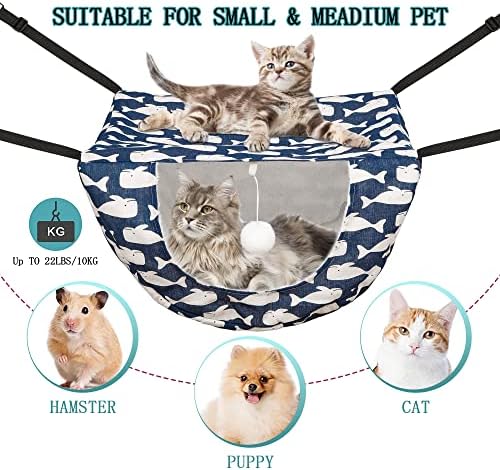 JSPYFITS Cat Cage Hammock with Ball,Double Layer Hanging Adjustable Soft Pet Bed Suit for Kitten Ferret Puppy Rabbit or Small Pet, 2 Level Indoor Bed for All Season(Blue Whale) - Image 2