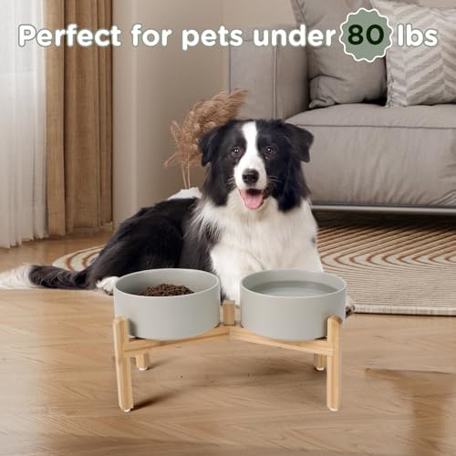 SPUNKYJUNKY Elevated Dog Bowls Ceramic, 7.3'' Dogs Food Water Bowls Raised with Non-Slip Bamboo Stand for Medium to Large Sized Breed Microwave Dishwasher Safe - 42 OZ,Grey - Image 7
