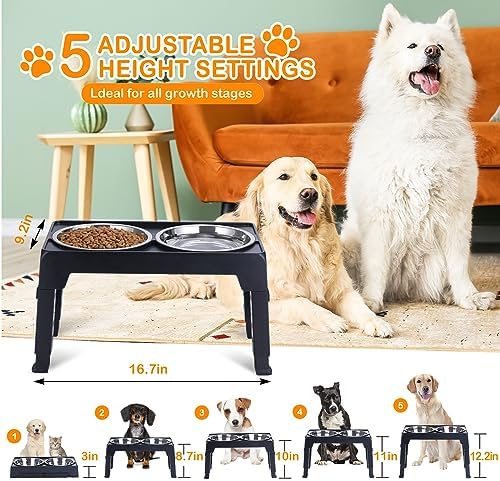 LALOBLUE Elevated Dog Bowls, Raised Bowl with 2 Stainless Steel Food Bowls, Dog Bowls Stand Adjusts to 5 Heights 2.95", 8.46", 9.65", 10.82", 12.01" for Small Medium Large Cats Pets,Black - Image 2