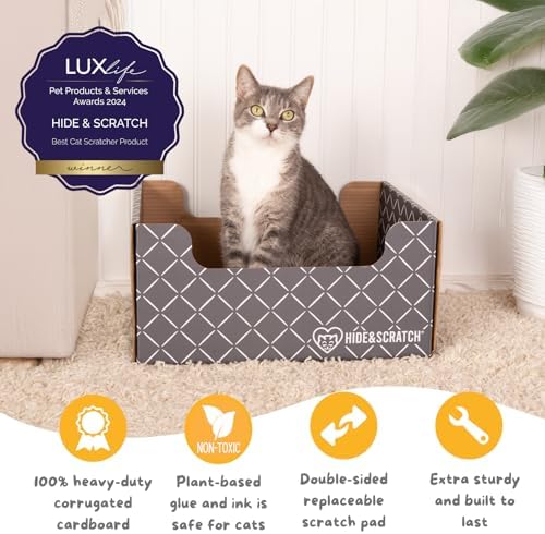 Hide & Scratch Cardboard Cat Scratcher Box & Bed with 3 Refill Pads Grey - Image 2