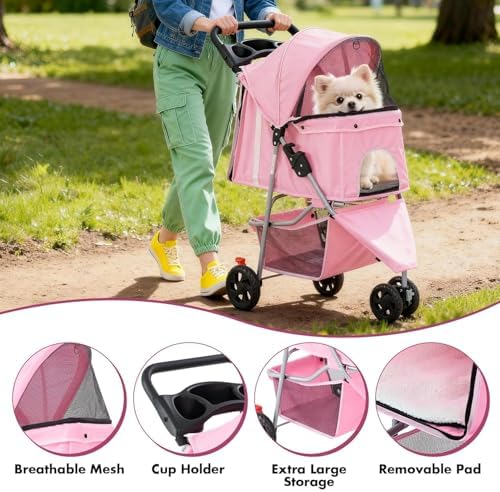 3 Wheels Pet Stroller,Storage Basket and Cup Holder, Breathable Mesh, Waterproof and Foldable for Small/Medium Dogs and Cats Strollers, Lightweight Travel Carrier for Daily Walks & Outdoor,Pink - Image 7