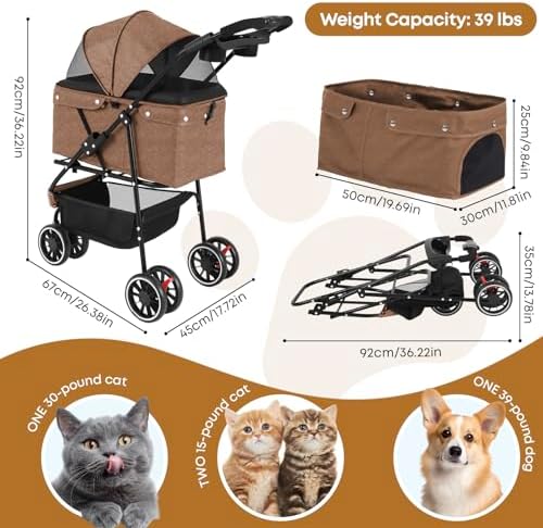 Pet Stroller,Dog Stroller for Small Medium Dogs Cats,3 Wheels,Deep Brown - Image 2