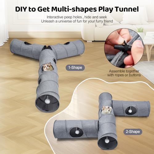 Cat Tunnel, 3 Straight Shaped Tunnels 6 DIY Shapes with Wand Toys, No Noise Scratch Resistant Cool Linen Fabric, Interactive Pet Tunnel Tube for Indoor Cats, Puppy and Rabbits - Image 2