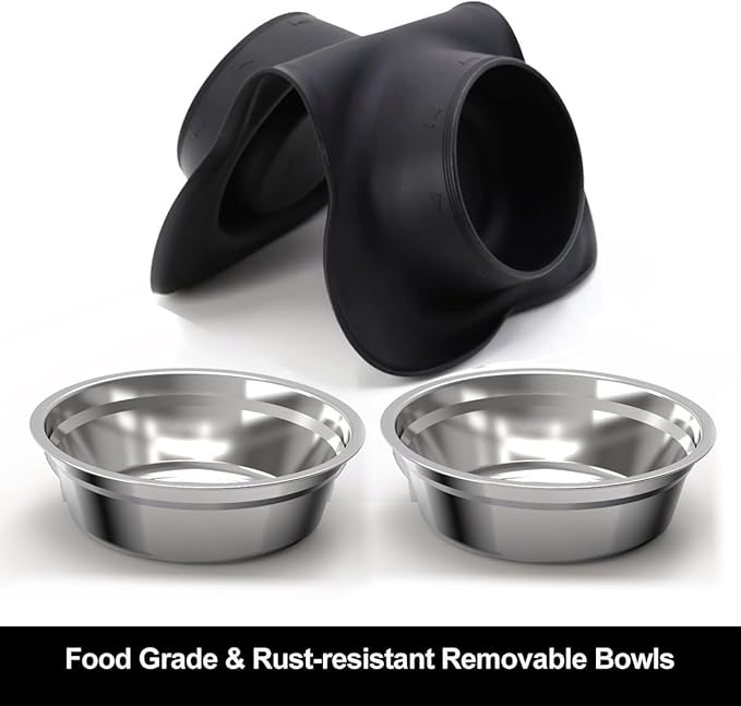 Pet Deluxe Dog Bowls Stainless Steel Dog Food Water Bowl Set with Stand, Feeding Bowls No Spill Non-Skid Silicone Mat, Dog Dishes for Small Medium Large Size Dog Puppy Pet Food Bowls, Black, 4 Cup