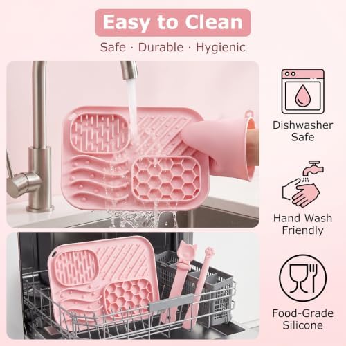 3 Piece Cat Slow Feeder Bowl Set, Silicone Lick Mat,Treat Dispenser with Long Handle Spoon, Non Slip Spill Proof for Indoor & Travel (Pink) - Image 7