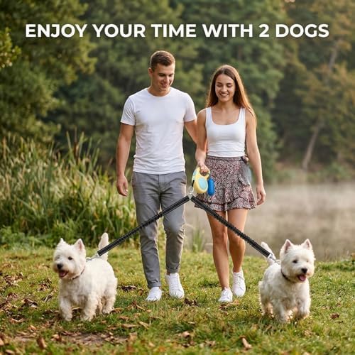 Double Dog Leash for Walking 2 Small Dogs (Up to 33 Lbs Each), Dual Retractable 9.8ft Extendable Strong Nylon Tape Pet Leash with Poop Bags, One-Handed Brake, Pause, Lock (Blue) - Image 7