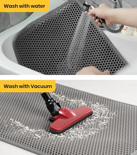 Cat Litter Trapping Mat, 27"x19" Universal Fit Litter Box Floor Mat, Hexagon Grids & Anti-Leak Base, Machine Washable, Non-Slip Kitty Mat for Most Homes, Gray - Image 7