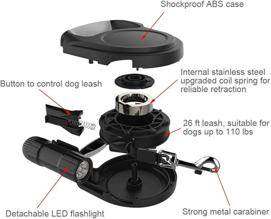 SCENEREAL Heavy Duty Retractable Dog Leash 26 FT with LED Flash Light & Poop Bag Dispenser for up to 110 LB Small Medium Large Dogs Outdoor Walking & Training