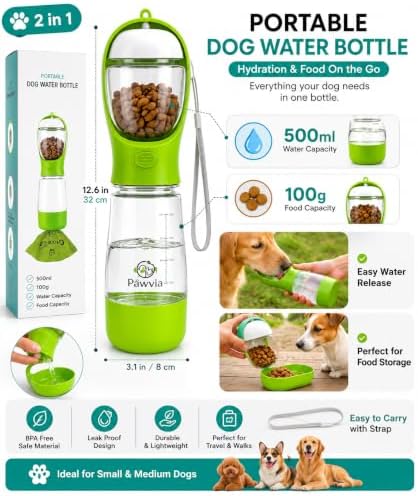 Portable Dog Water Bottle with Food Container, Leak-Proof Travel Water Dispenser, 500ml Water & 100g Food, Green - Image 4