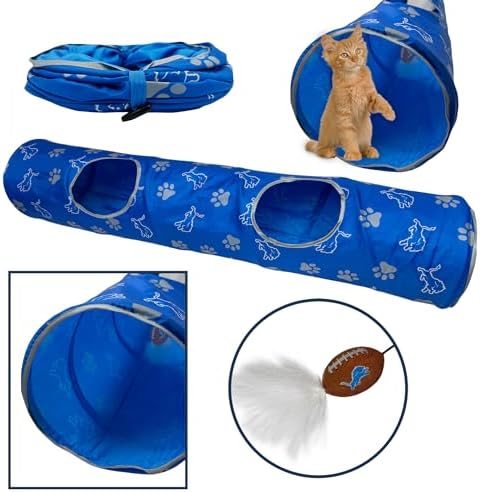 NFL Detroit Lions Cat Tunnel Tube Toy with Plush Football Catnip and Feathers Collapsible Tunnel for Cats to Play, Peek and Hide, Sporty & Fun Cat Tunnel Toy with Team Logo All-Over Design! - Image 2