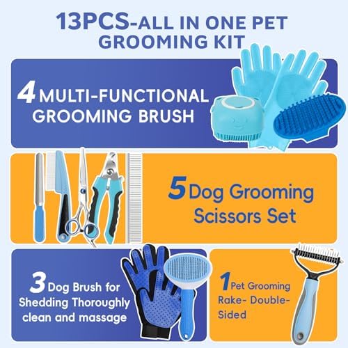 Dog Brush for Shedding 13pcs Bath Grooming Kit with Pet Nail Clipper and File - Dog Bath Brush Cat Grooming Supplies, Dematting Comb Bath Brush Shampoo Scrubber for Dogs and Cats - Image 2