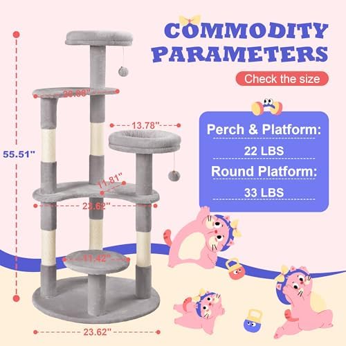 Allewie 55.5 in Cat Tree for Indoor Kitties/Soft Plush Perches/Multi-Level Cat Tower/Sisal Scratching Posts/Crescent Plates/Round Jumping Board/Hanging Ball/Pet Activity Center/Grey - Image 7