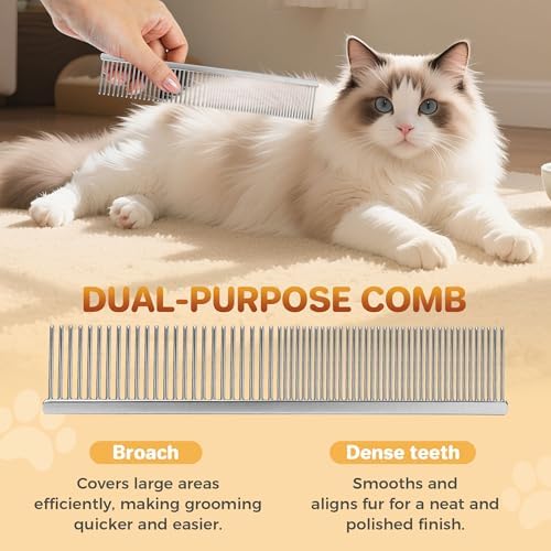 Pet Grooming Comb with Rounded Ends Stainless Steel Teeth for Dogs & Cats,Wide & Dense Teeth for Removing Tangles, Knots,Undercoat,Flea,Face,Chin,Tear Stain,Excess Hair,Metal Dematting Tool Pet Gift - Image 2