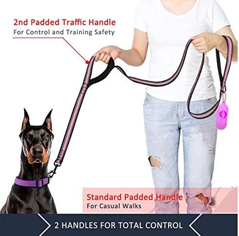 JSXD Dog Leash,5 FT Heavy Duty Double Handle Dog Leash with Comfortable Padded and Reflective,Rope Dog Leashes for Small,Medium,Large Dogs (Wide-Pink) - Image 2