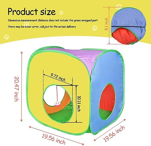 Andiker Cat Tunnel, Colorful and Foldable Polyester Square Cat Tent Matches with Most Kitten Tubes with a Bell Ball 3 Holes Cats Tubes for Indoor Cats to Play and Sleep (Square L) - Image 2