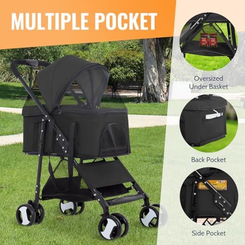 FDW 4-Wheels Multi-Function Dog Stroller Jogger with Detachable Carrier, Lightweight Travel Stroller for Small & Medium Pets, Black - Image 2