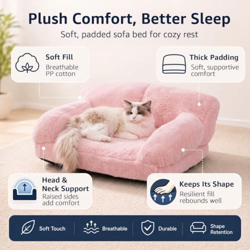 Cat Couch Bed with Removable Cover Washable Pink Small Dog Bed Soft Plush Pet Sofa for Indoor Cats Cute Princess Puppy Cushion, Non-Slip Bottom (Pink, 26x19x13 inch) - Image 2